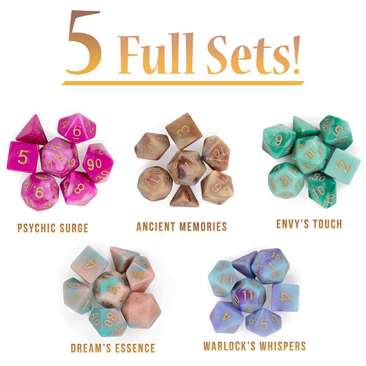 Wiz Dice 35 polyhedral dice showcase colorful variety for D&D and TTRPG play.