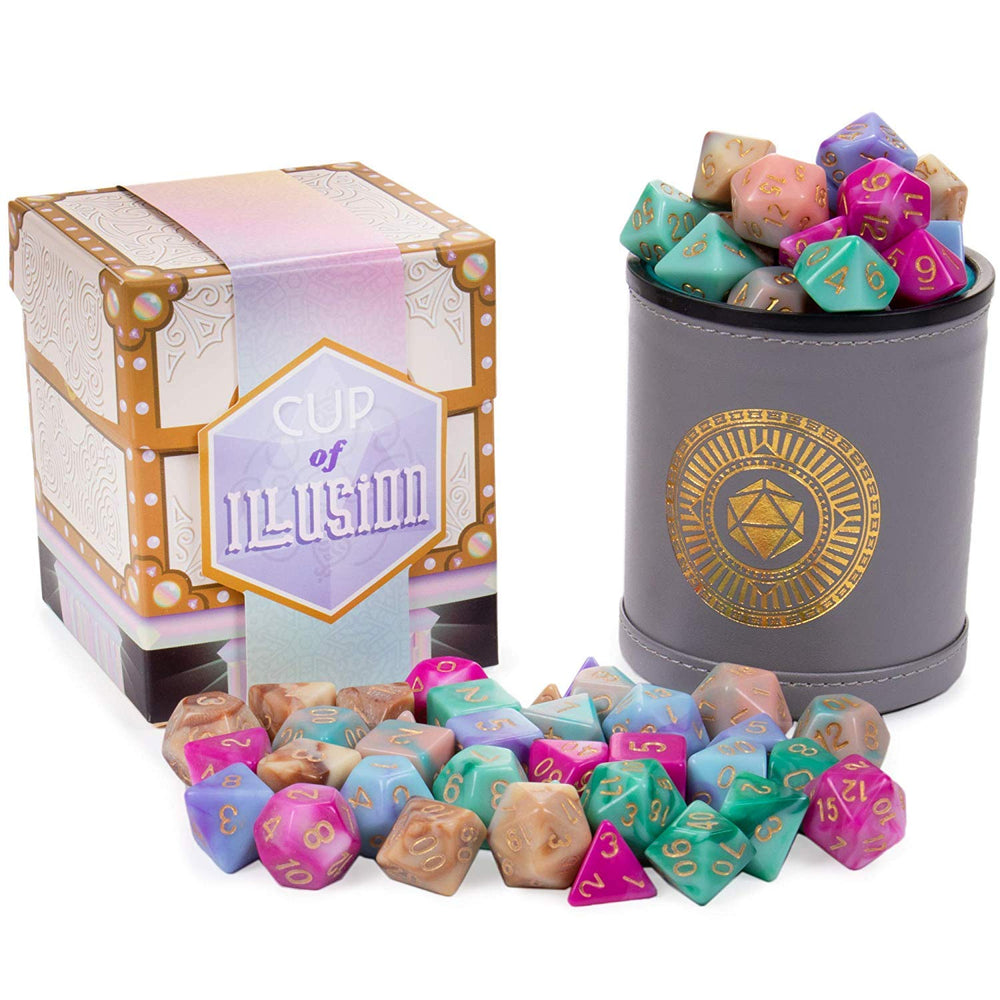 Wiz Dice Cup of Illusion with a full polyhedral dice set for RPG sessions.