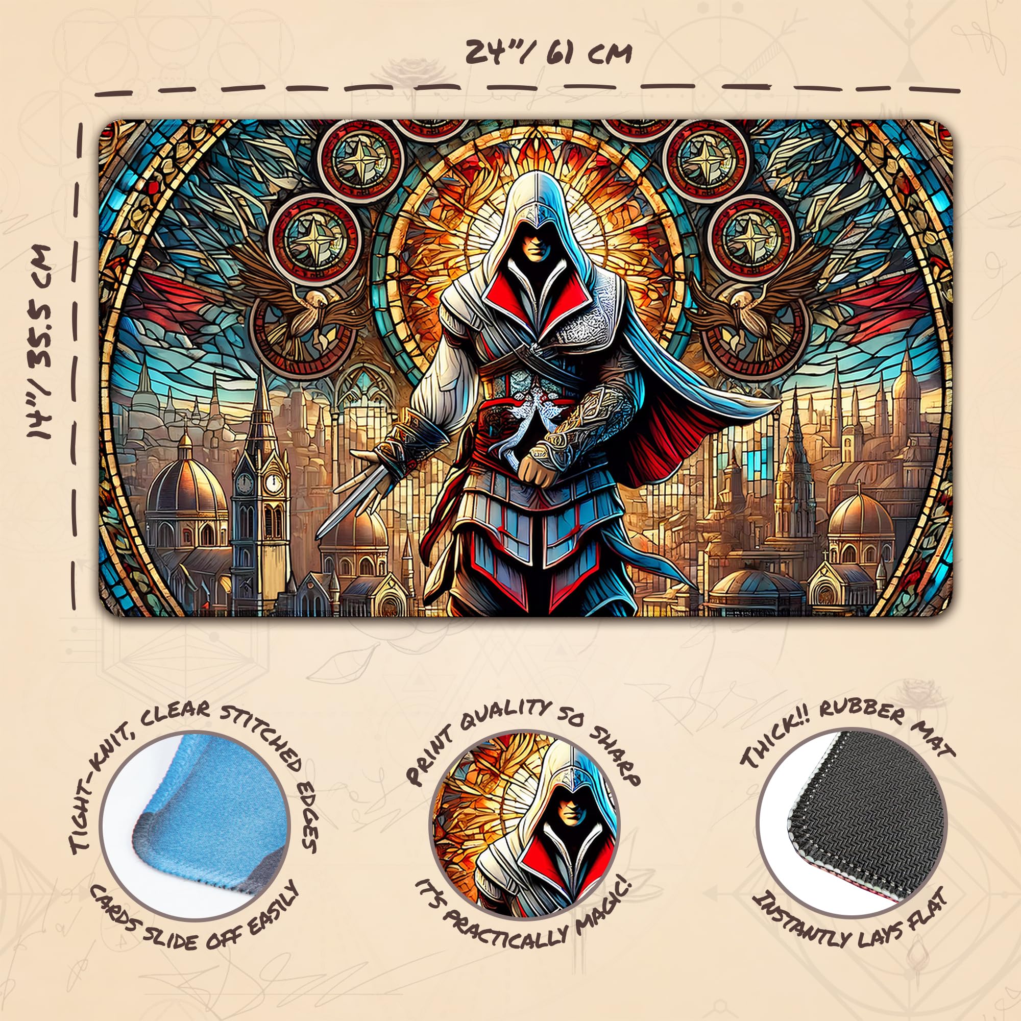 Wizcraft Gaming Stained Glass Assassin design detail showcases vibrant artwork for immersion.