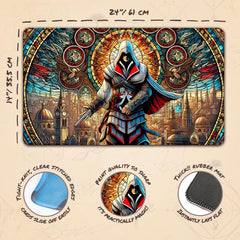 Wizcraft Gaming Stained Glass Assassin design detail showcases vibrant artwork for immersion.