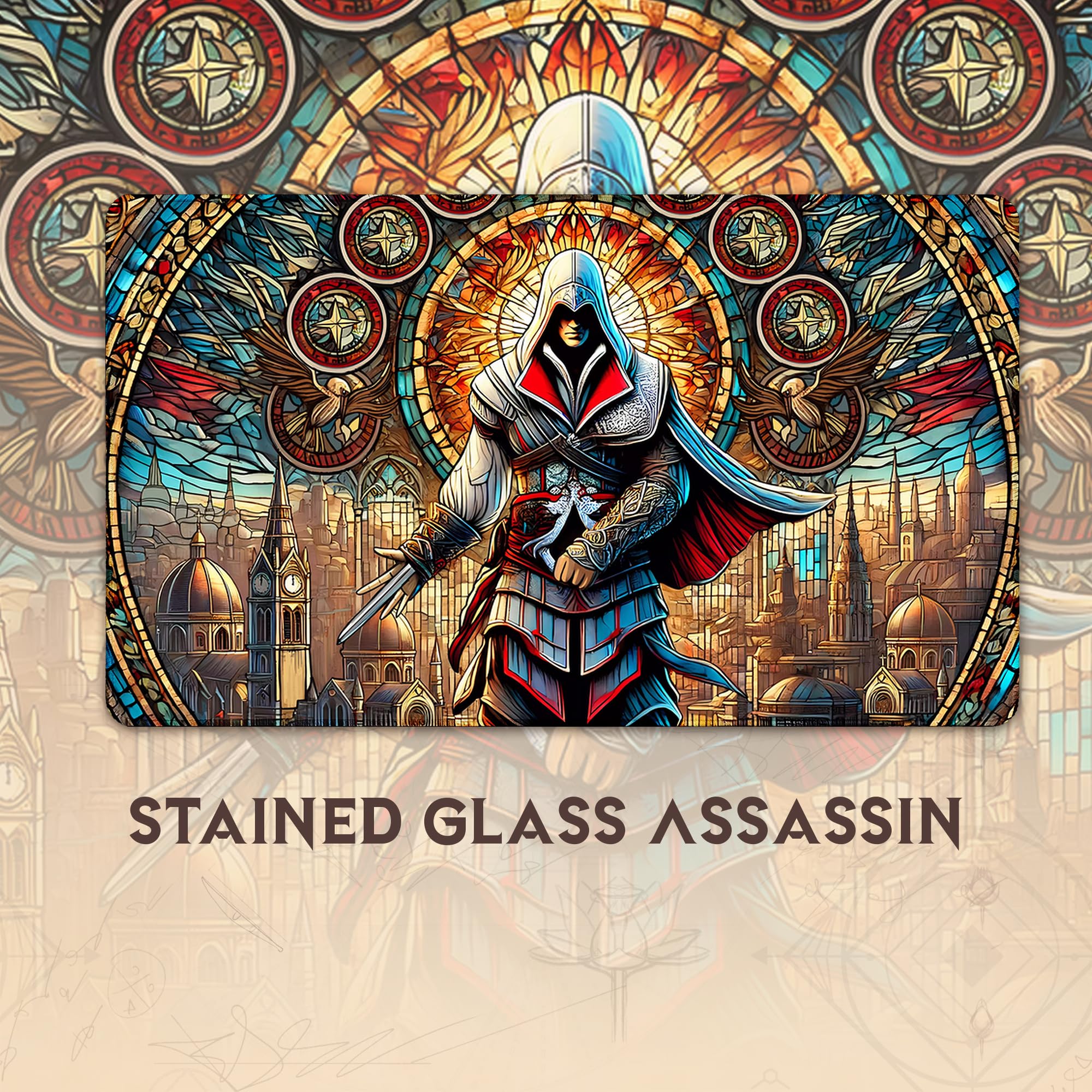 Wizcraft Gaming Stained Glass Assassin mat in play setup supports smooth draws and stable placement.