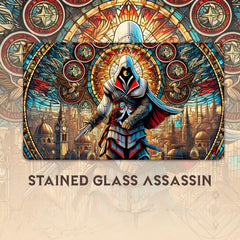 Wizcraft Gaming Stained Glass Assassin mat in play setup supports smooth draws and stable placement.