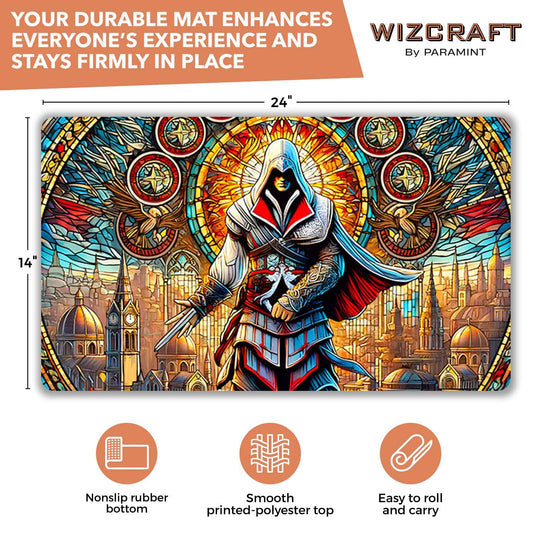 Wizcraft Gaming Stained Glass Assassin stitch-edge closeup demonstrates durability for long sessions.