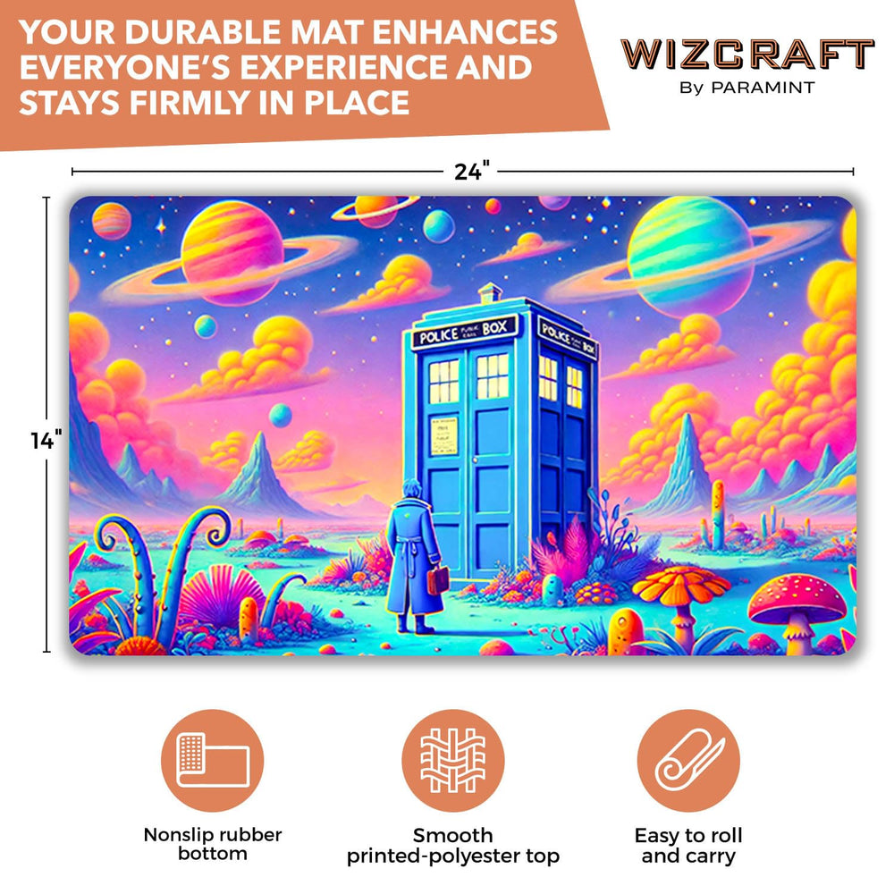 Wizcraft Gaming Tardis in Space playmat art detail, cosmic Doctor Who design