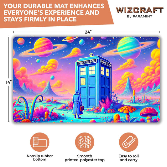 Wizcraft Gaming Tardis in Space playmat art detail, cosmic Doctor Who design