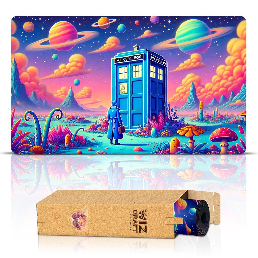 Wizcraft Gaming Tardis in Space playmat front view with stitched edges for MTG