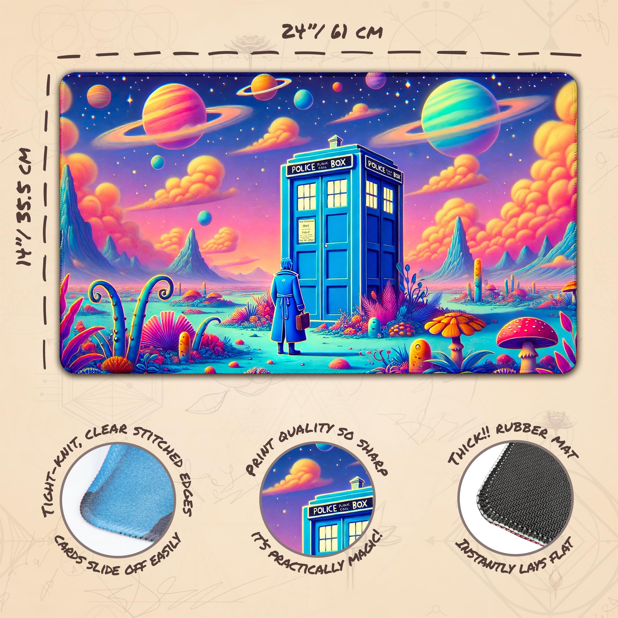 Wizcraft Gaming Tardis in Space playmat top scene against starry backdrop