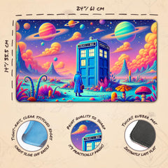 Wizcraft Gaming Tardis in Space playmat top scene against starry backdrop