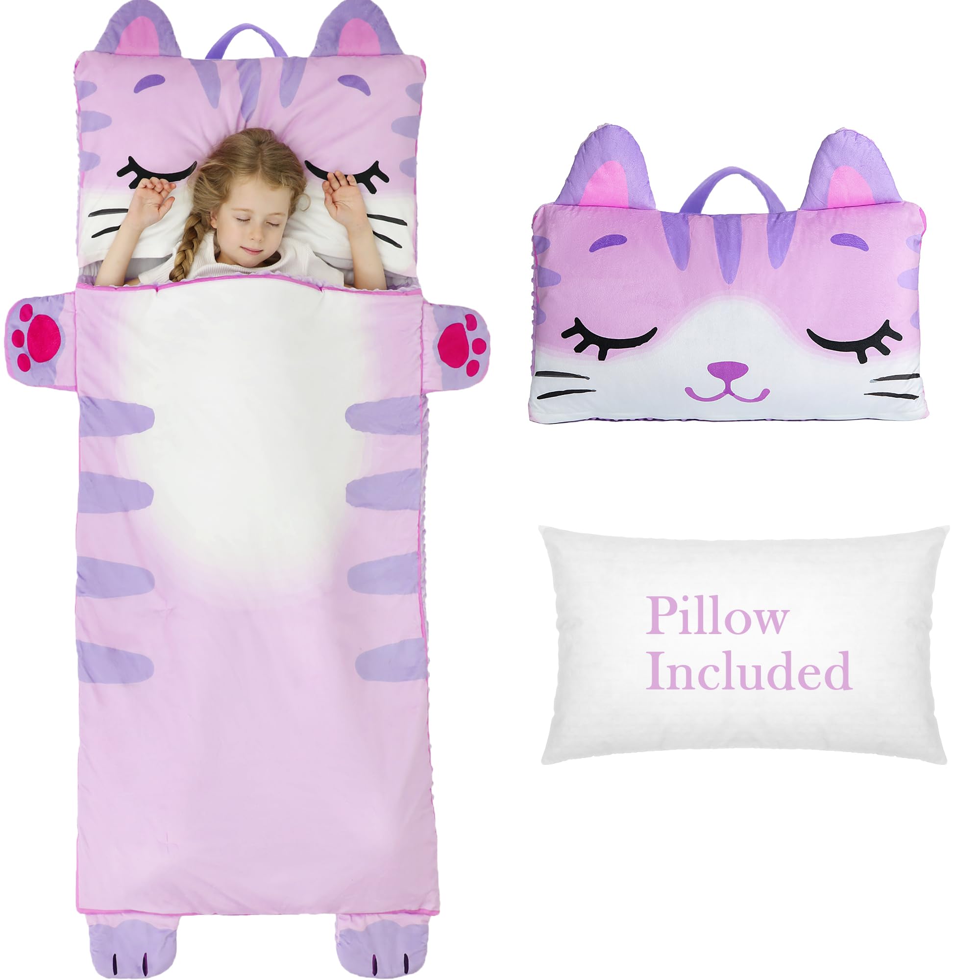 Wizland Kids sleeping bag with cat pattern in pink, cozy for daycare naps