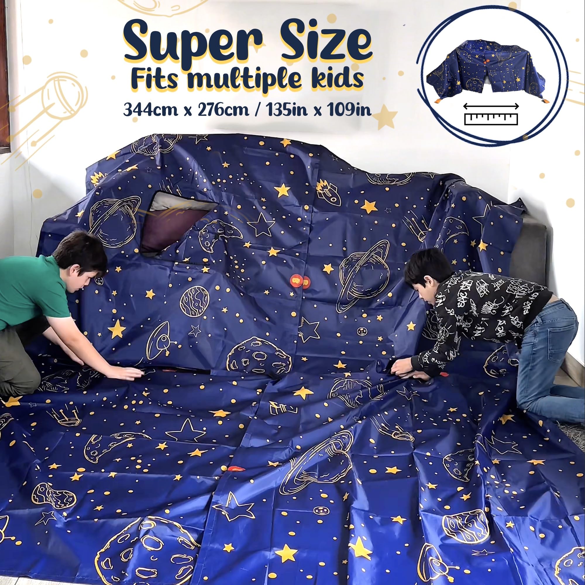 Kids playing together with the Wizzly Space Blanket Fort Kit.