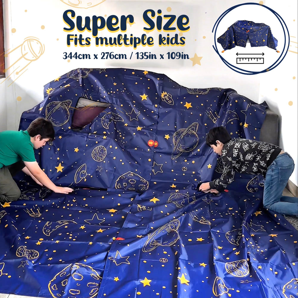 Kids playing together with the Wizzly Space Blanket Fort Kit.