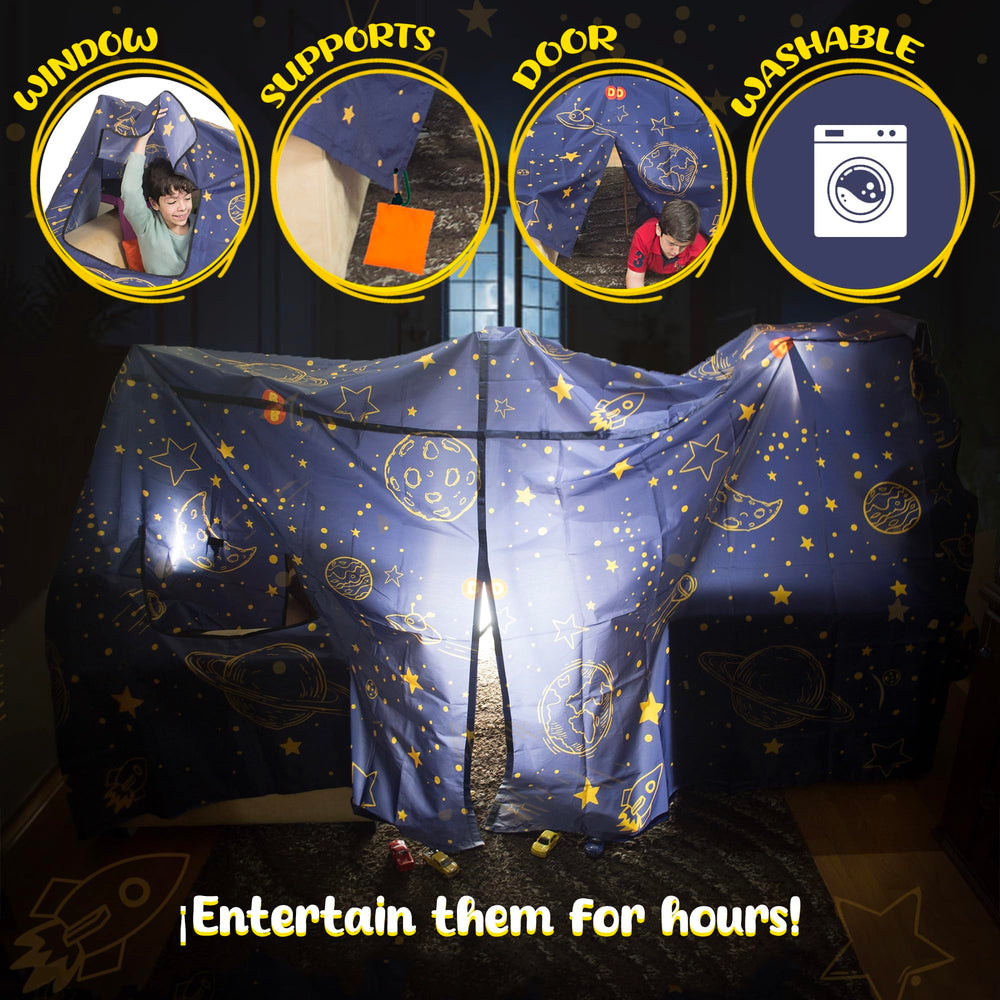 Backyard outdoor use with Wizzly Space Blanket Fort Kit for creative adventures.
