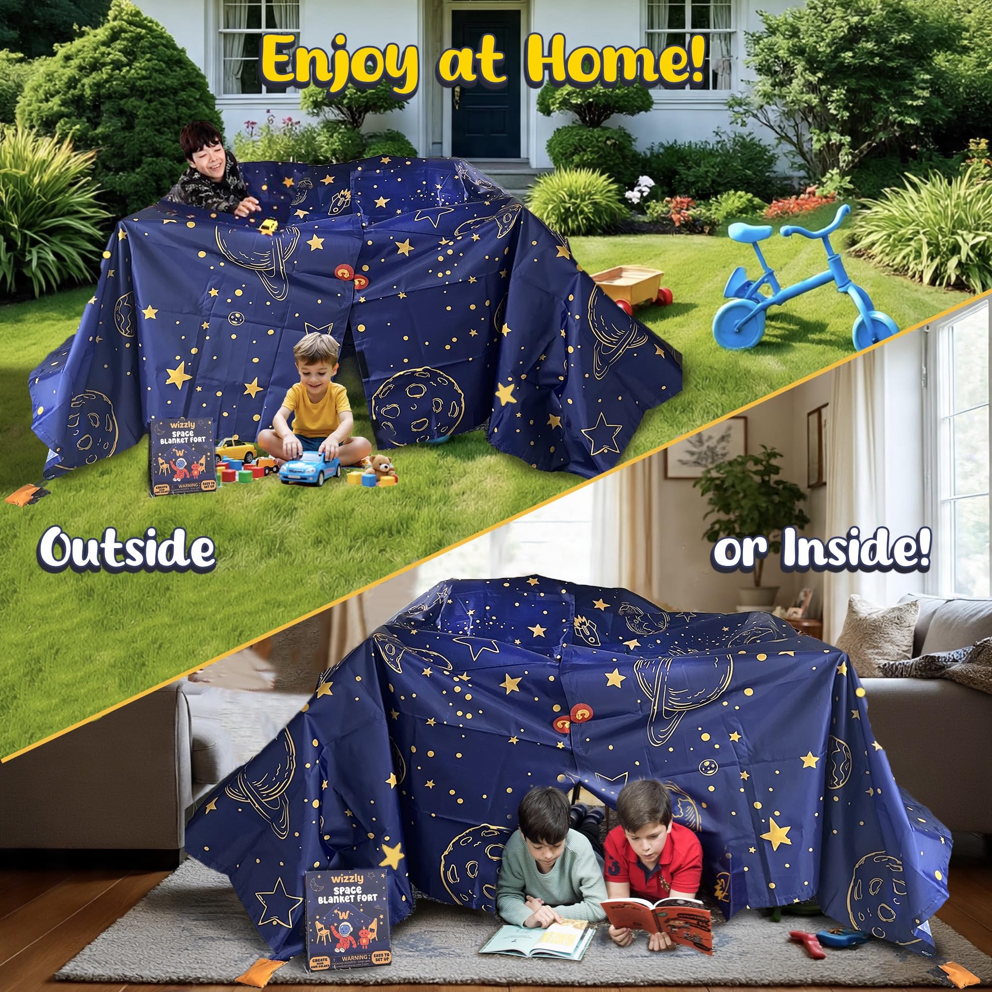 Pillow fort setup with Wizzly Space Blanket Fort Kit for quiet reading.