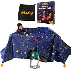 Wizzly Space Blanket Fort Kit setup demonstrates quick assembly for imaginative play.
