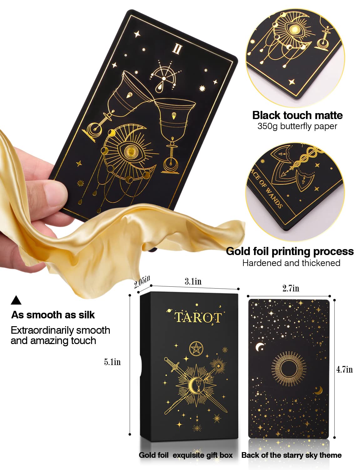 WJPC Gold Foil Tarot Cards back design with starry night motif