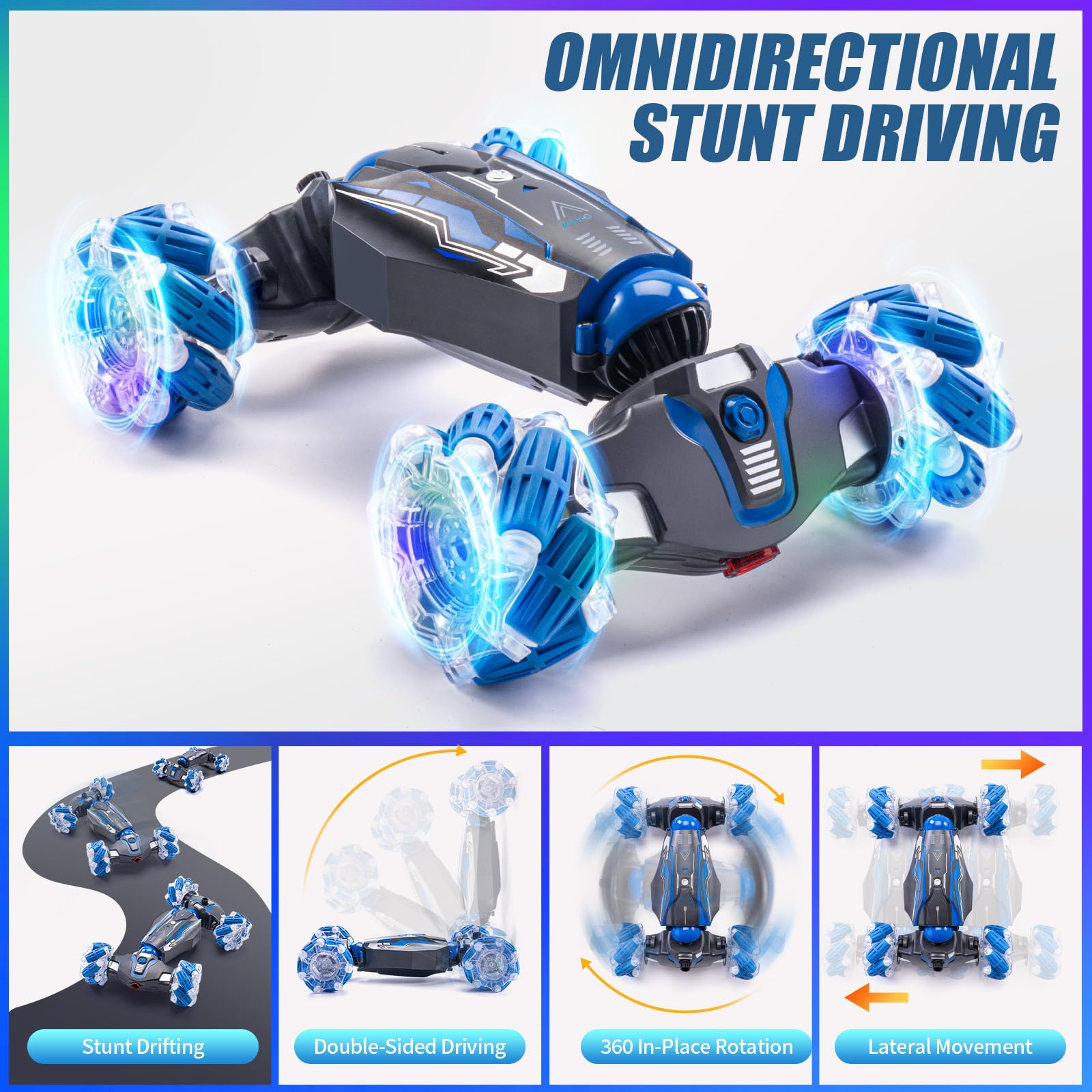 WJWMIRC 360° flip stunt car in blue delivering thrilling maneuvers.