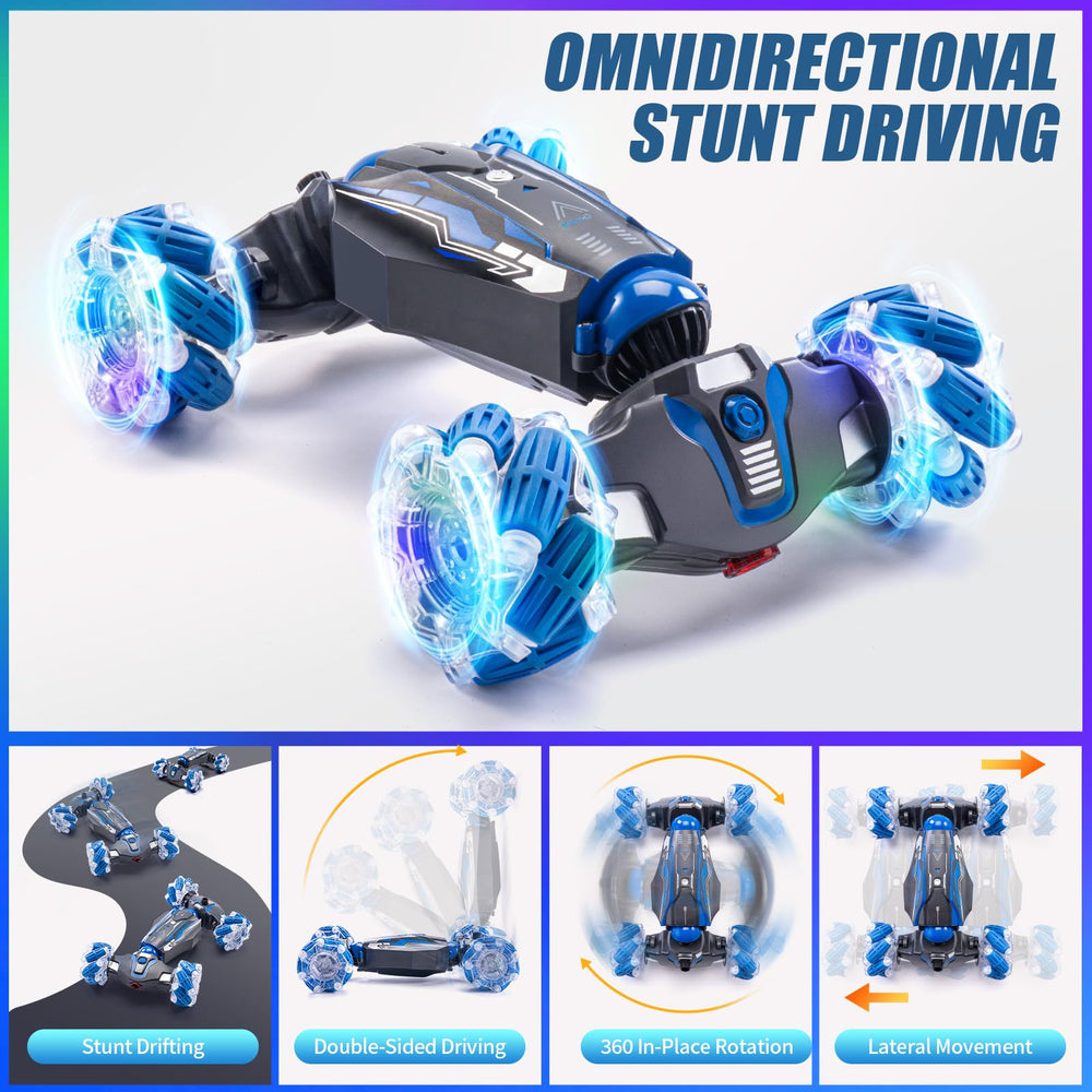 WJWMIRC 360° flip stunt car in blue delivering thrilling maneuvers.