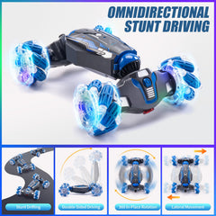 WJWMIRC 360° flip stunt car in blue delivering thrilling maneuvers.