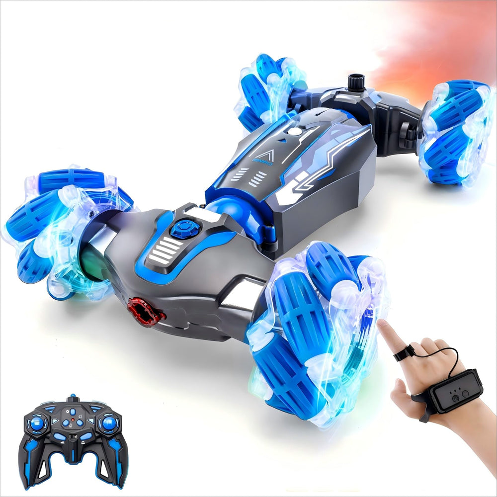 WJWMIRC 4WD stunt car in blue showing rugged off-road action for kids.