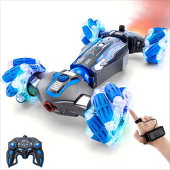 WJWMIRC 4WD stunt car in blue showing rugged off-road action for kids.