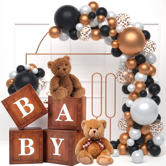 WLMALL gender reveal backdrop uses brown blocks for warm natural party styling