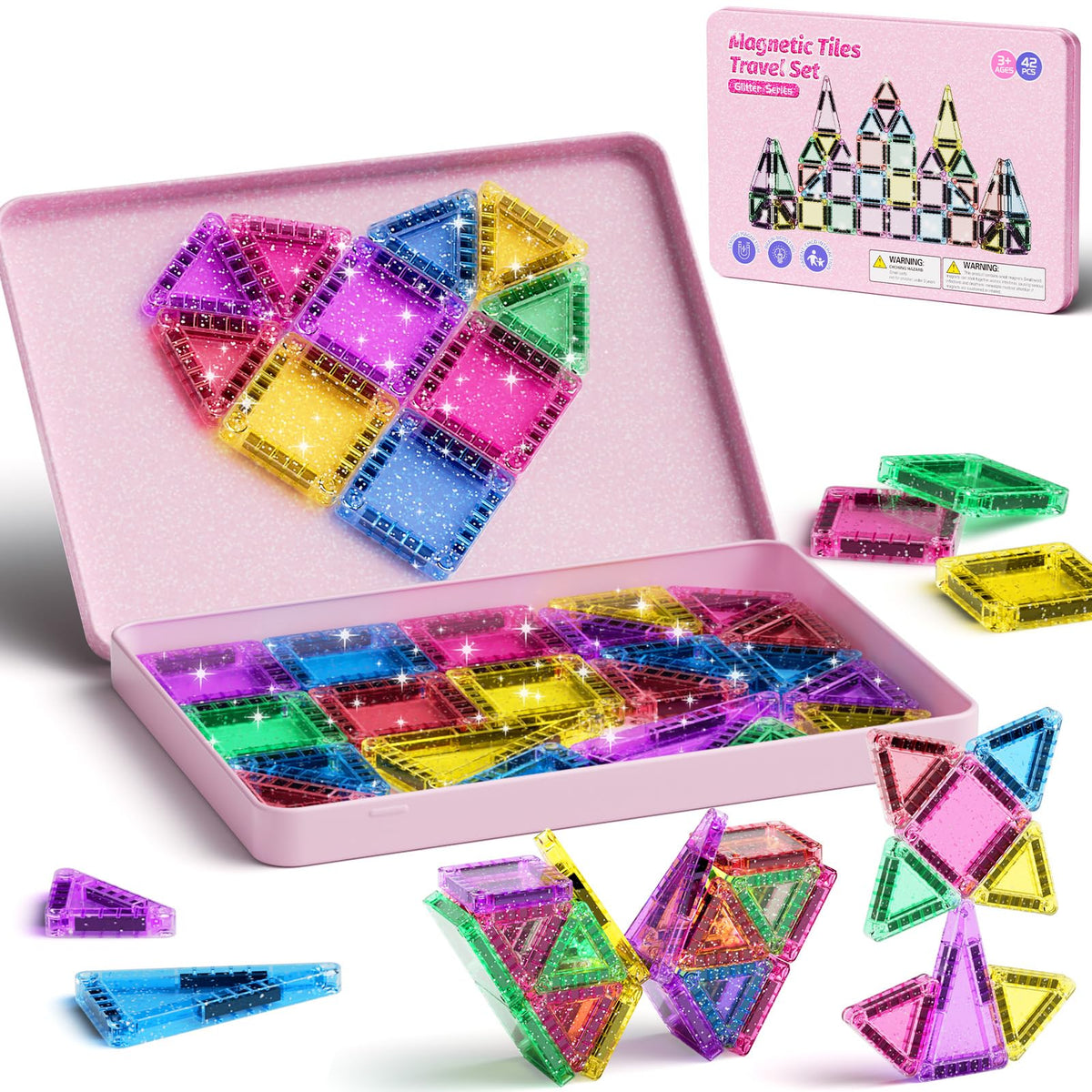 WMXDU 42-piece glitter magnetic tiles travel set for on-the-go learning and play