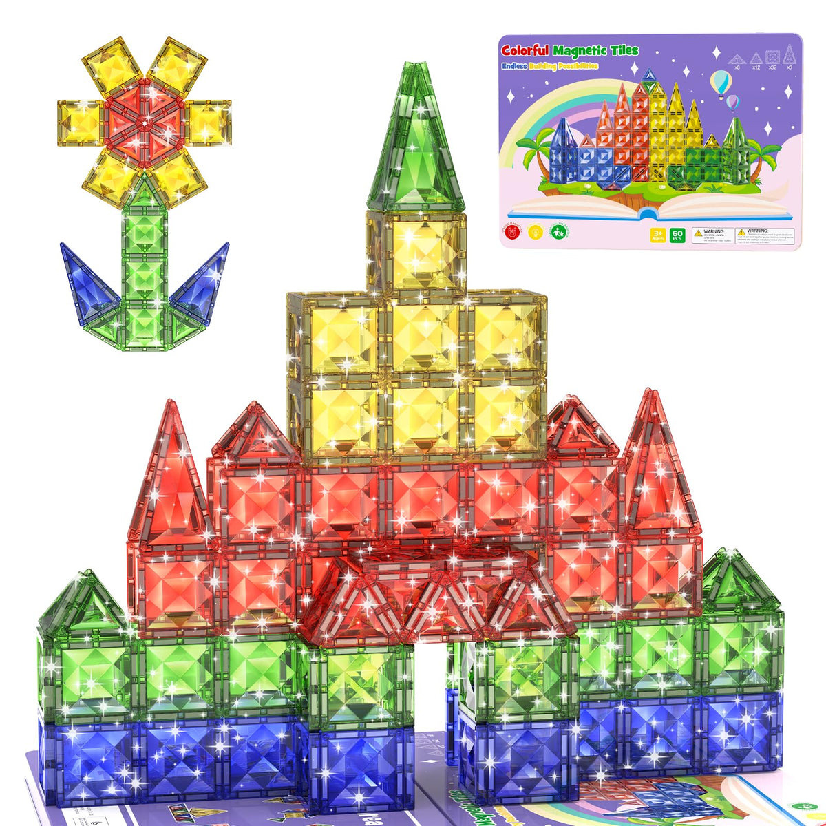 WMXDU diamond magnetic tiles 60pcs set for creative play and learning