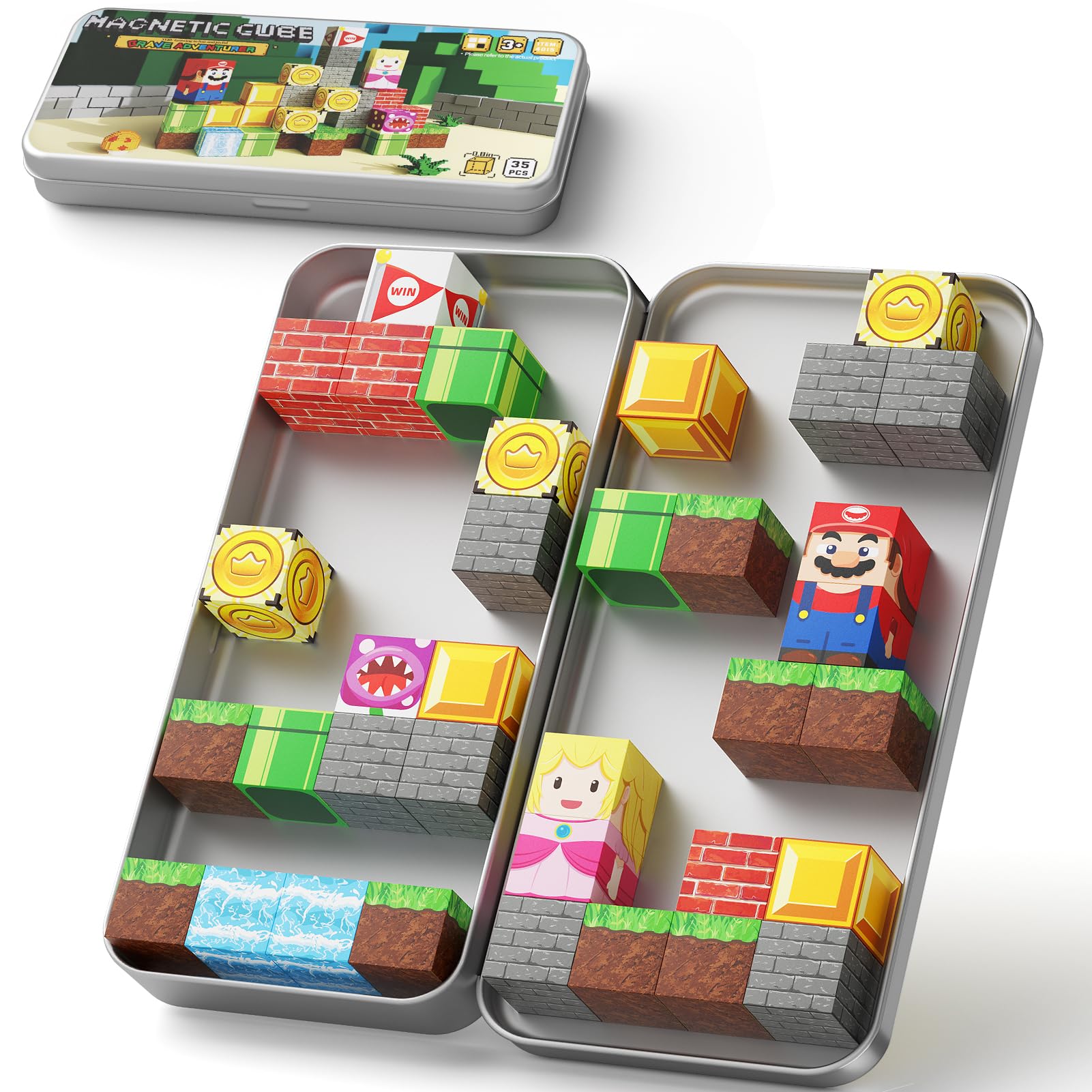 WMXDU Mini Magnetic Blocks in an open travel iron box for on-the-go play.
