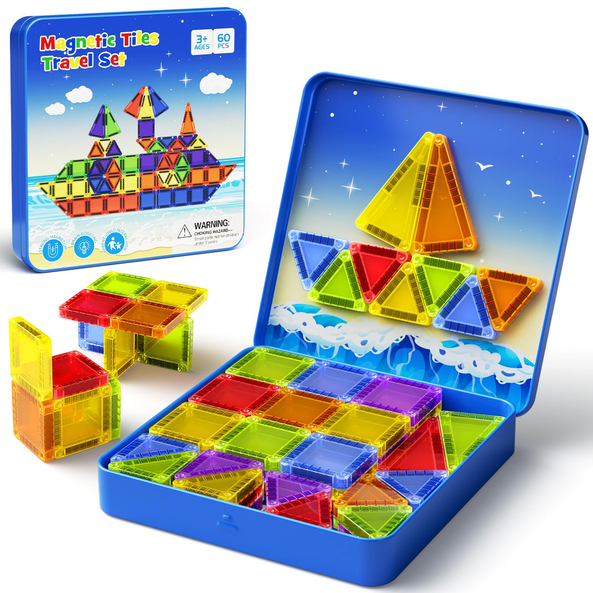 WMXDU mini magnetic tiles travel set in a metal tin, easy on-the-go creativity