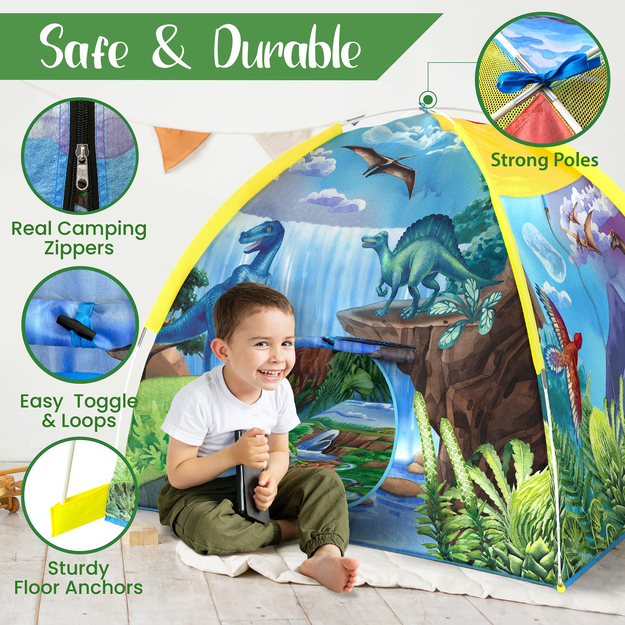 Vibrant artwork on the Dino Dome creates a lively prehistoric hideaway
