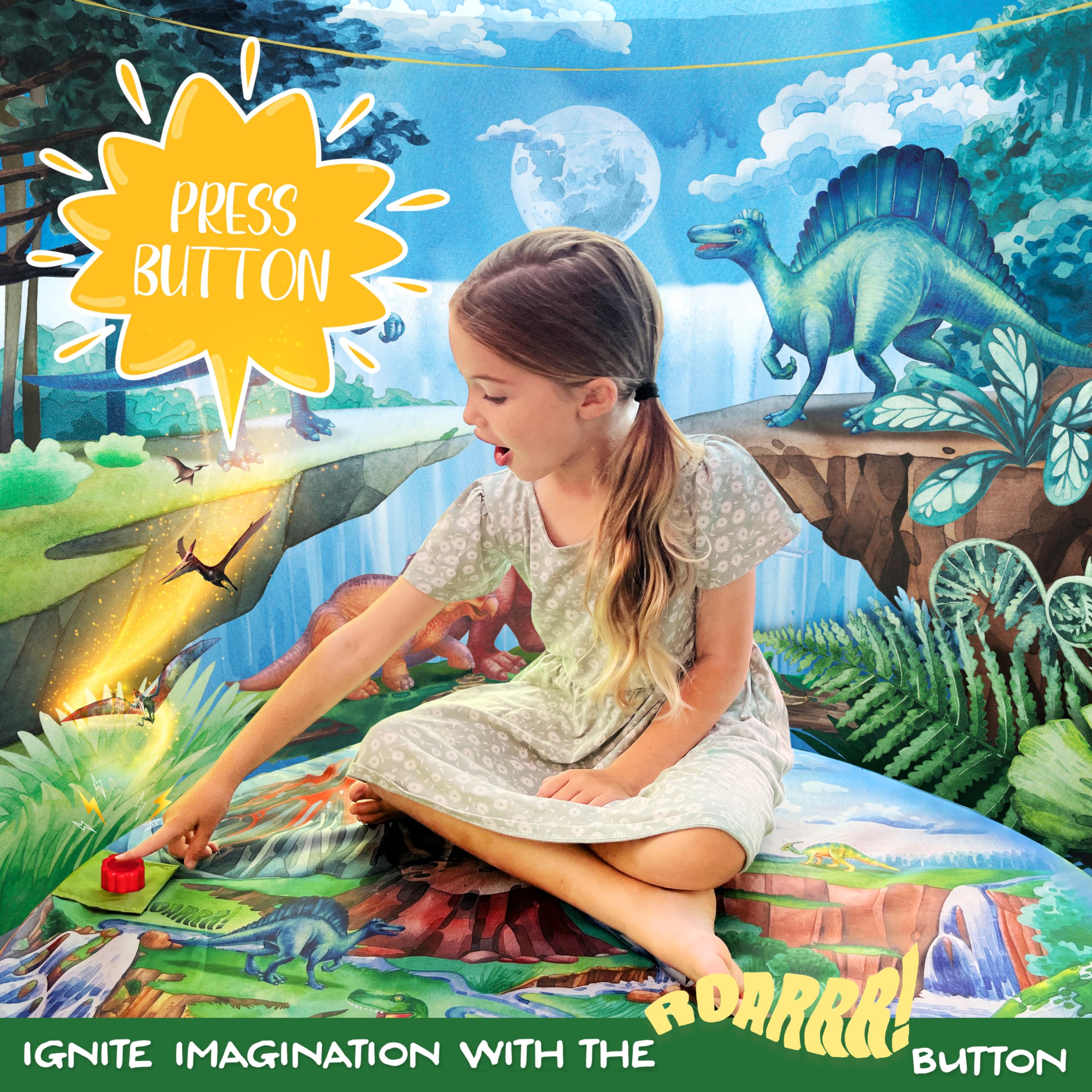 W&O Dinosaur Discovery tent LED lights create a cozy reading nook