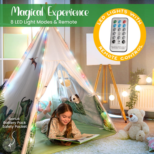 W&O Dinosaur Discovery Teepee LED lights create a magical reading nook.