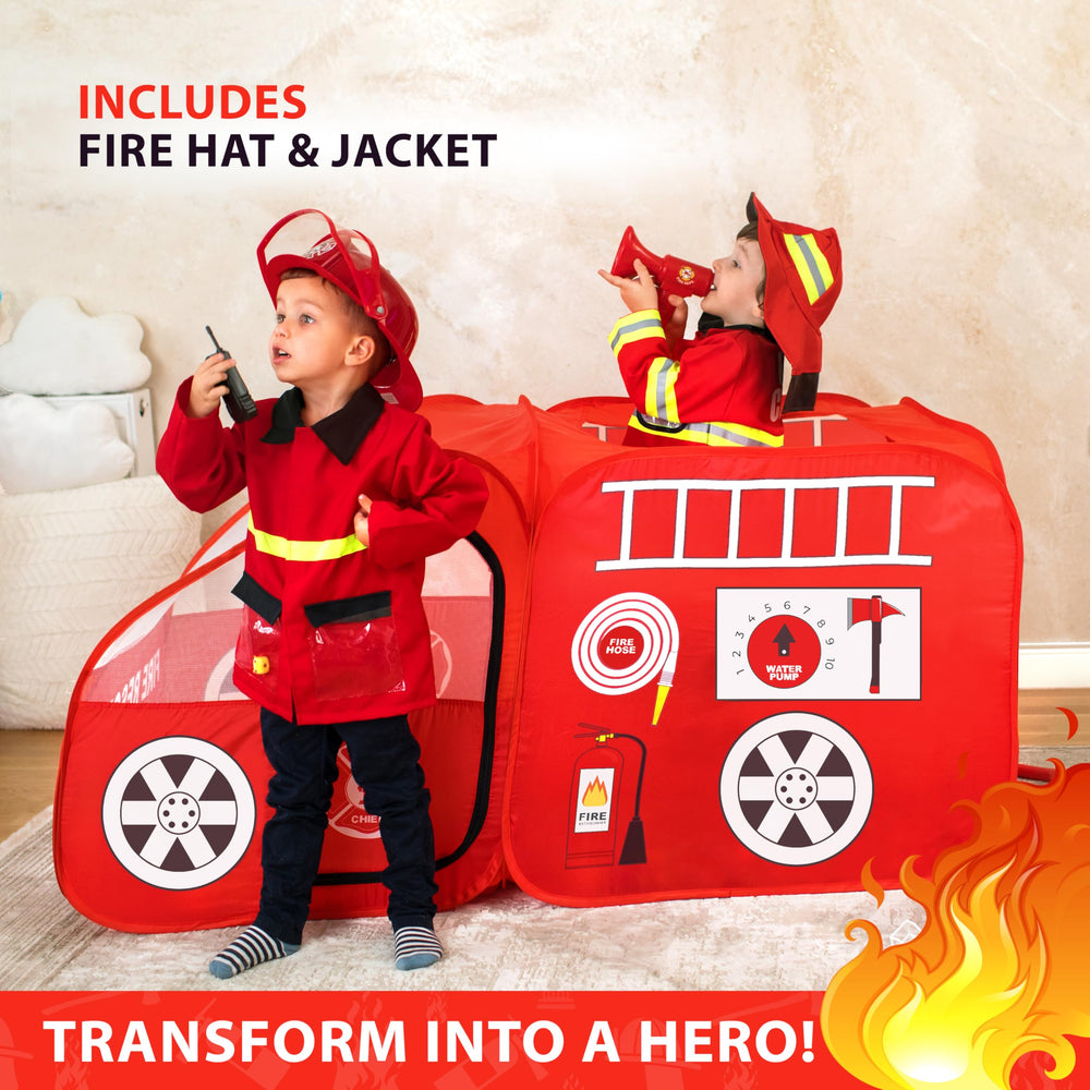 W&O Fire Truck Play Tent firefighter jacket adds immersive costume detail.