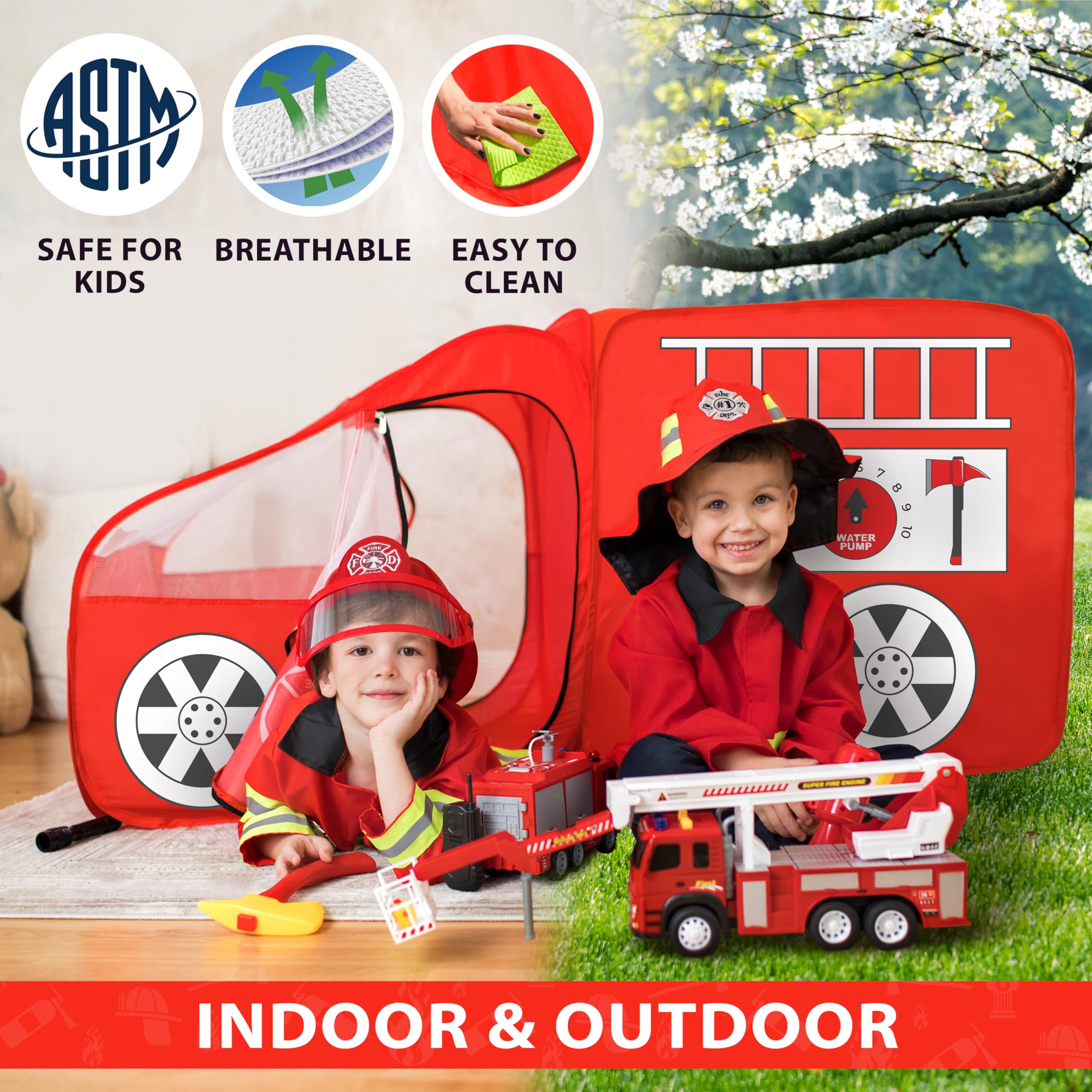 W&O Fire Truck Play Tent quick pop-up setup for instant play.