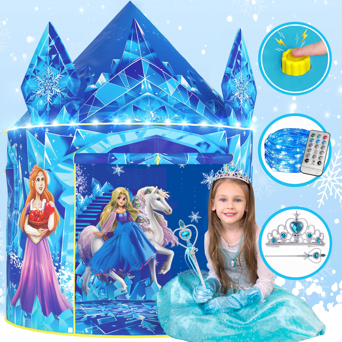 W&O Frozen Princess Tent LED lights create a magical play space for kids