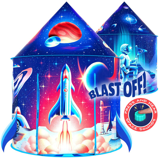 W&O Rocket Ship Play Tent with Blast Off Button delivers interactive space sounds for imaginative play.