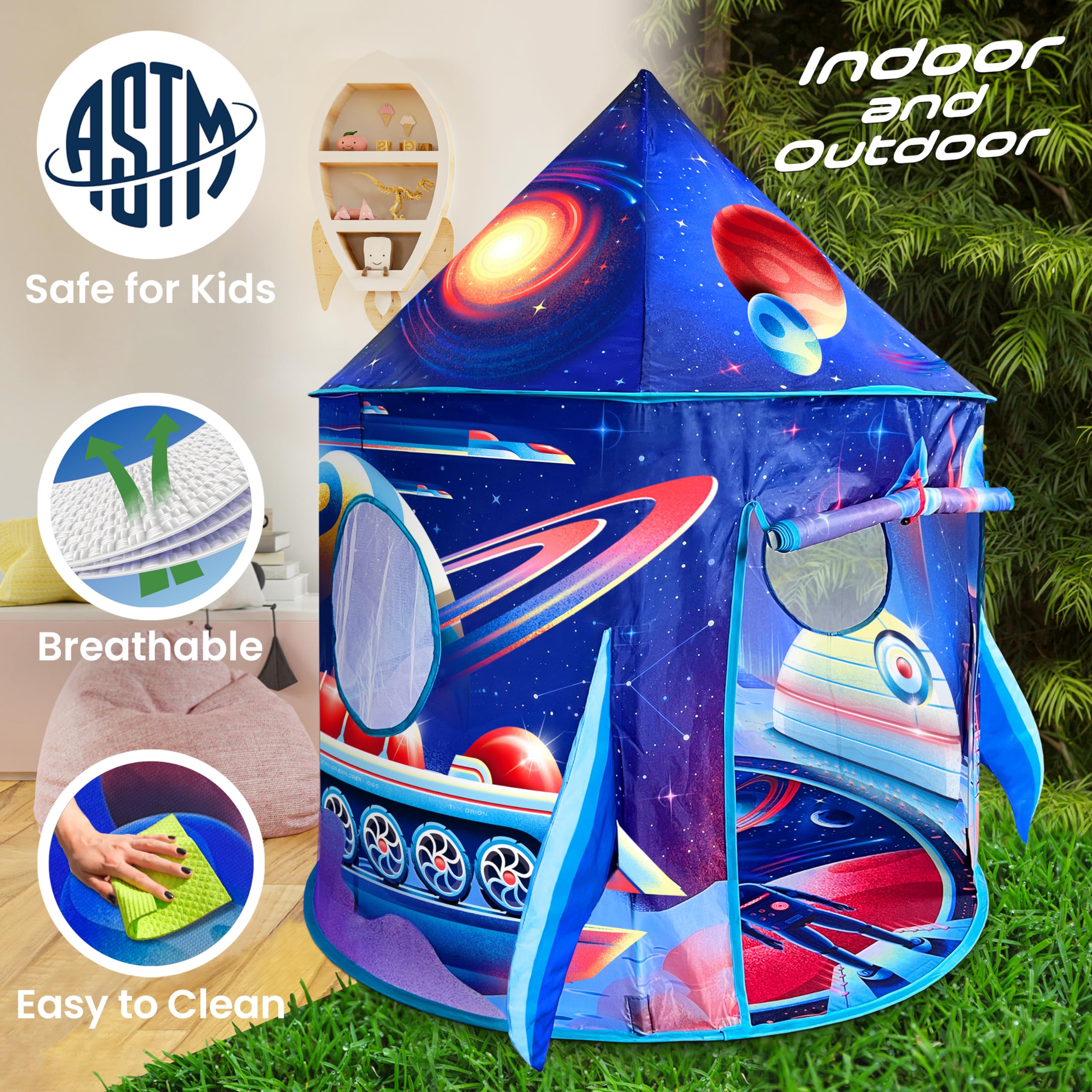W&O Rocket Ship Tent features sturdy fiberglass poles for quick, stable setup.