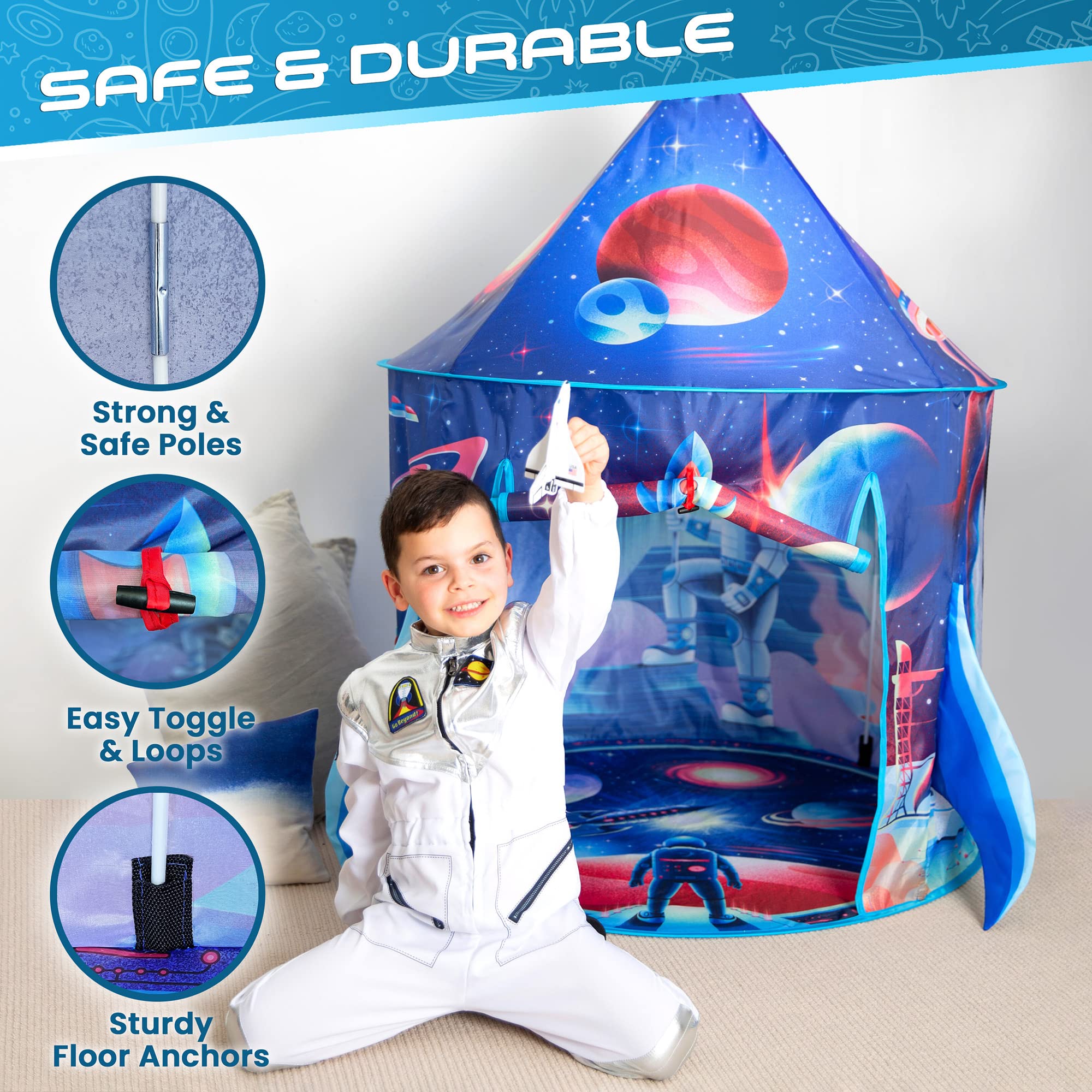 W&O Rocket Ship Tent's bright space artwork sparks imagination during indoor adventures.