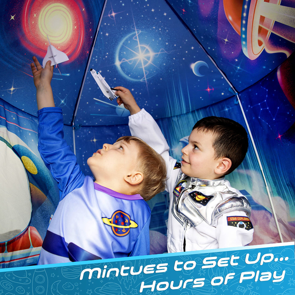 W&O Rocket Ship Tent offers six authentic space sounds for richer play.