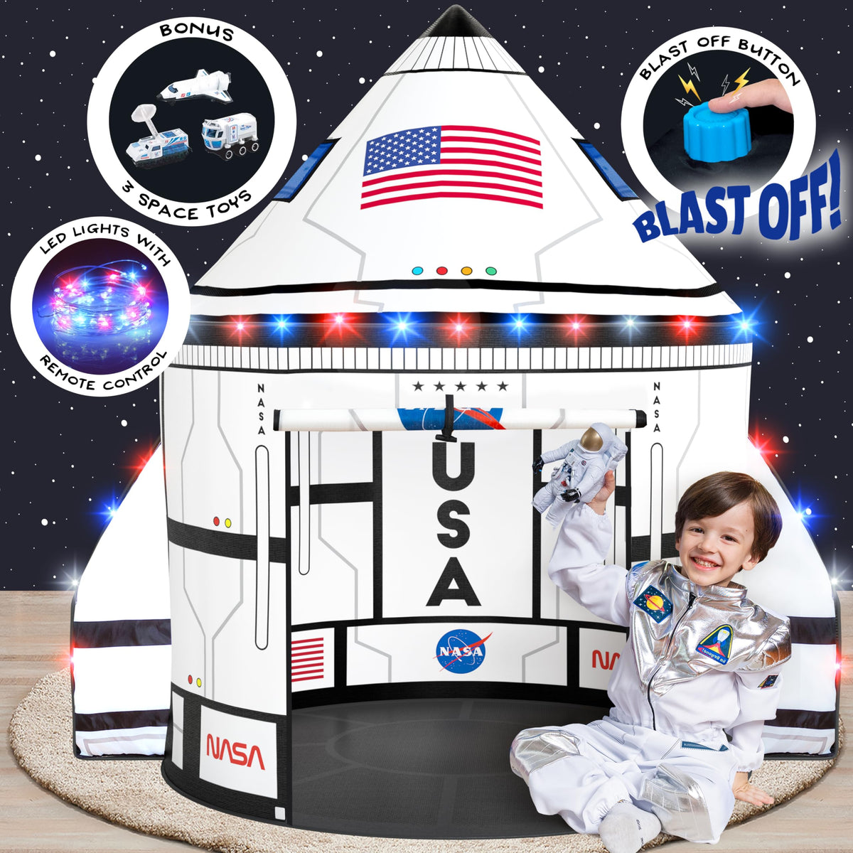 W&O Space Shuttle Explorer tent with blast-off button for immersive space sounds.