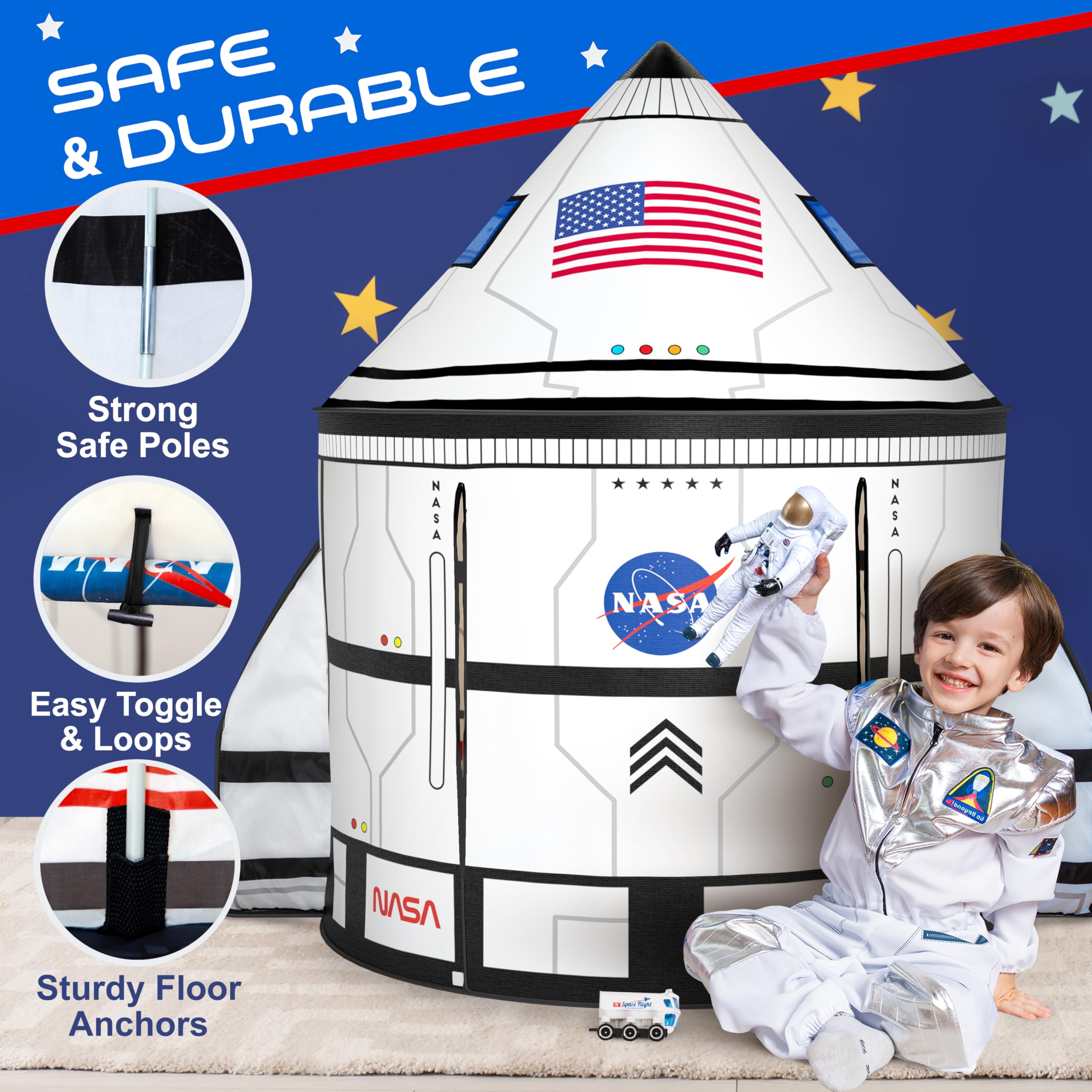 W&O Space Shuttle Explorer tent space toy rover included for pretend space adventures.