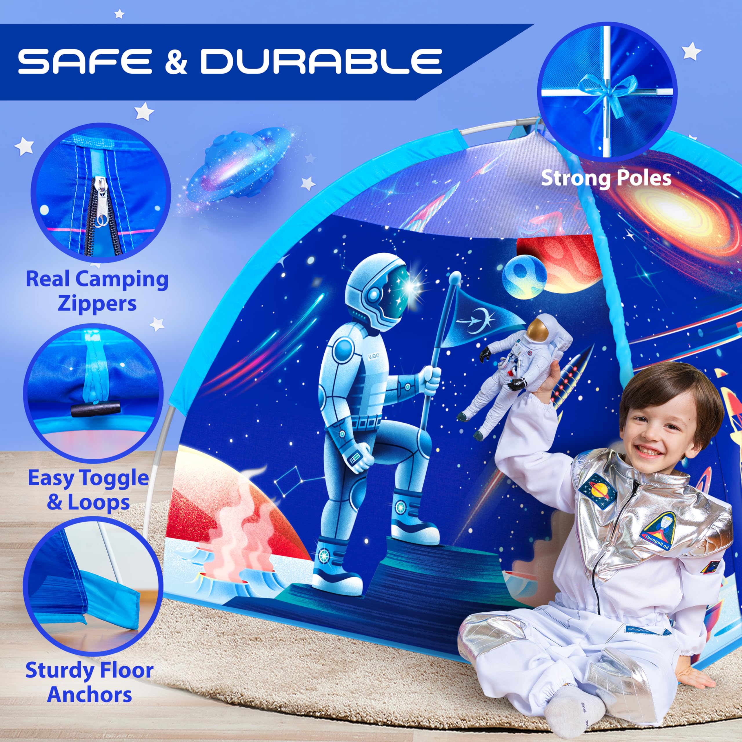 W&O Space Super Dome reinforced roof and floor pockets for durable play tents.