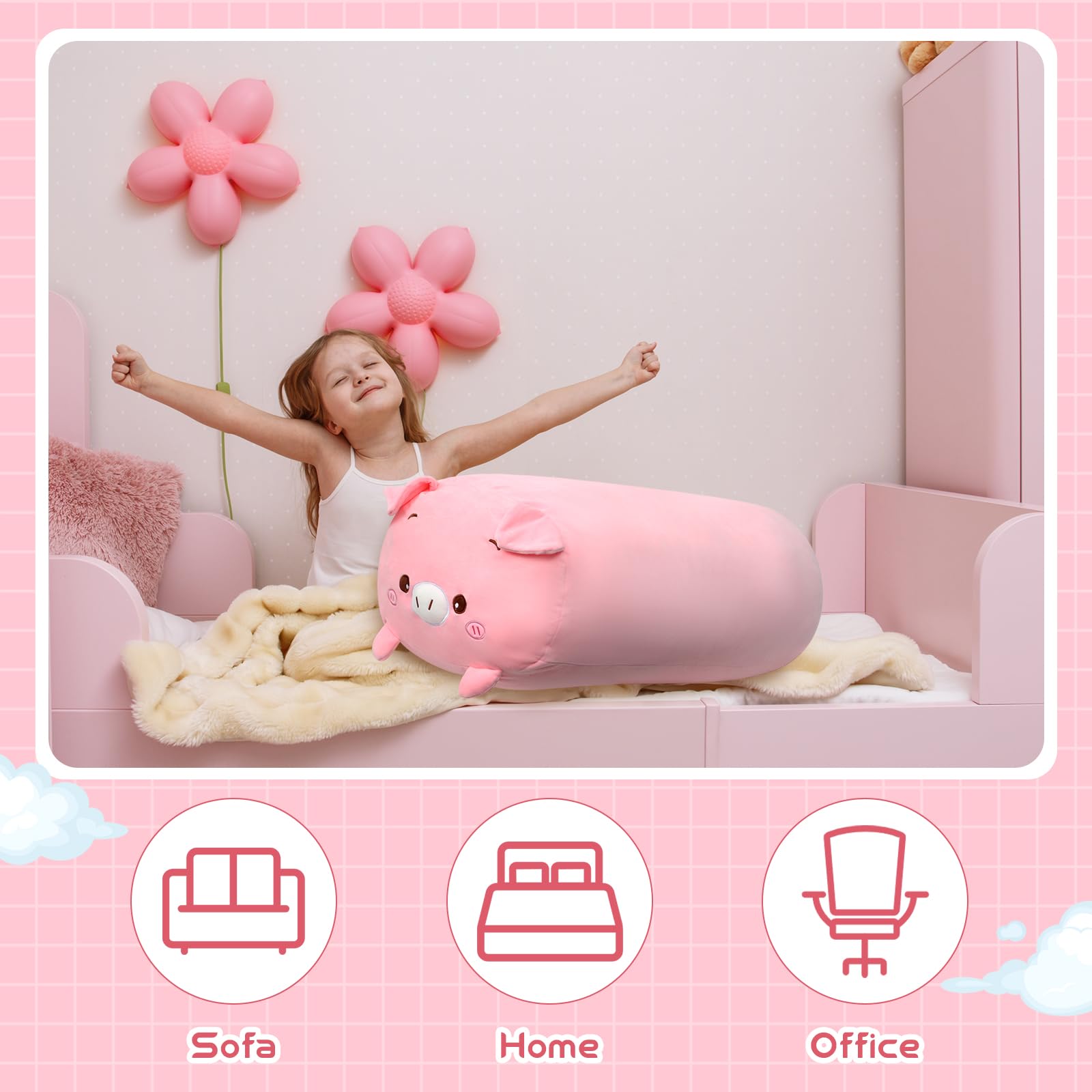 Woanger giant pig plush doubles as decorative accent in bedroom.