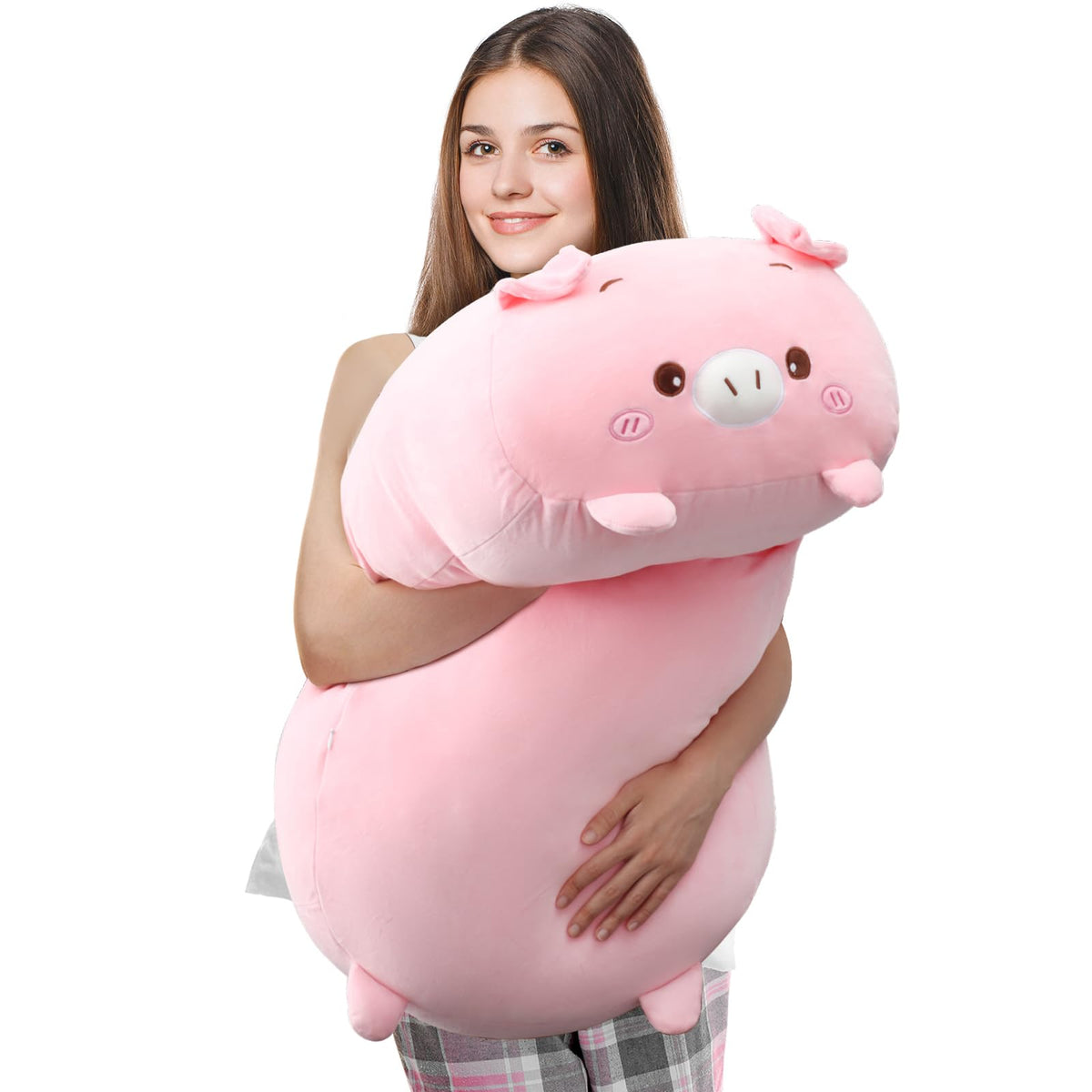 Woanger pig plush pillow in giant pink design for comfy lounging and decor.