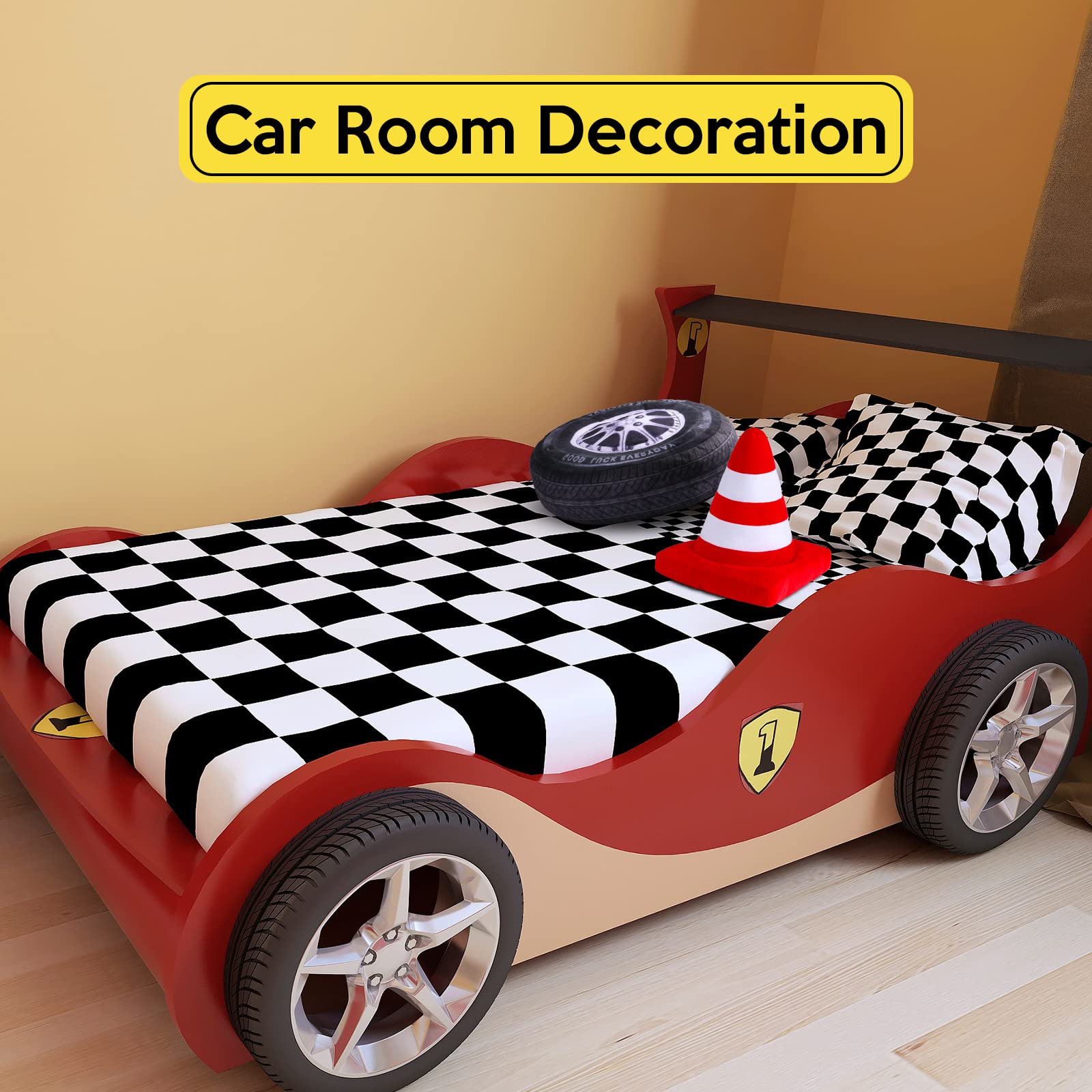 Woanger two-piece set enhances bedroom decor with fun driving accessories.