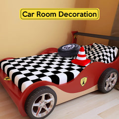 Woanger two-piece set enhances bedroom decor with fun driving accessories.