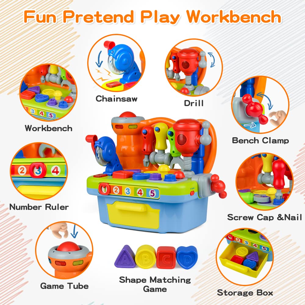 Woby workbench featuring electronic drill sound for immersive pretend play.