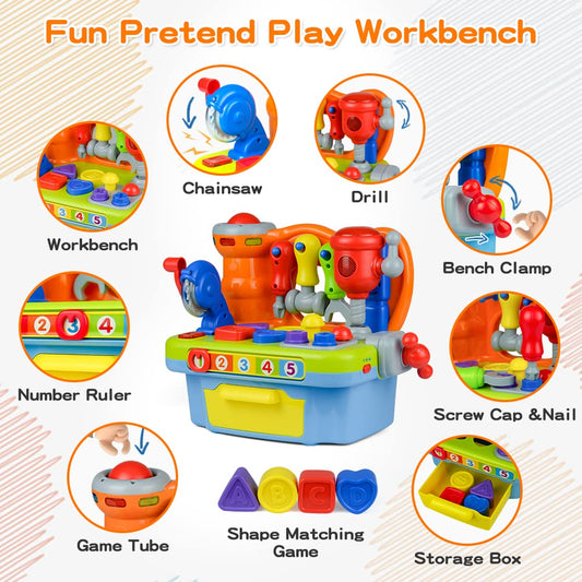 Woby workbench featuring electronic drill sound for immersive pretend play.
