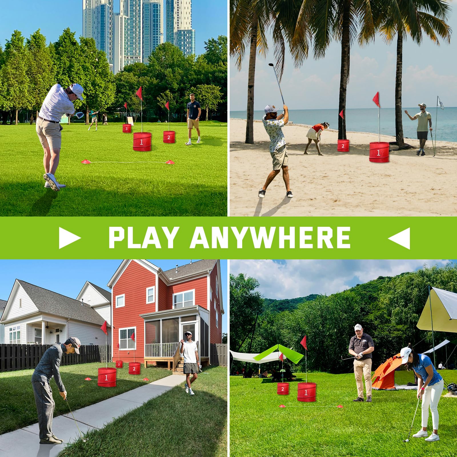 WodGod backyard golf set compact for travel to park, beach, or campsite.