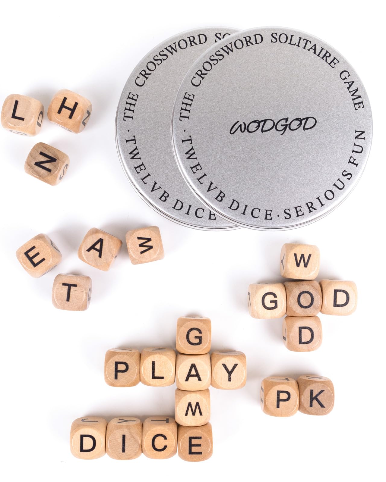 WodGod Crossword Dice Game Set packaging with two storage boxes for easy travel.